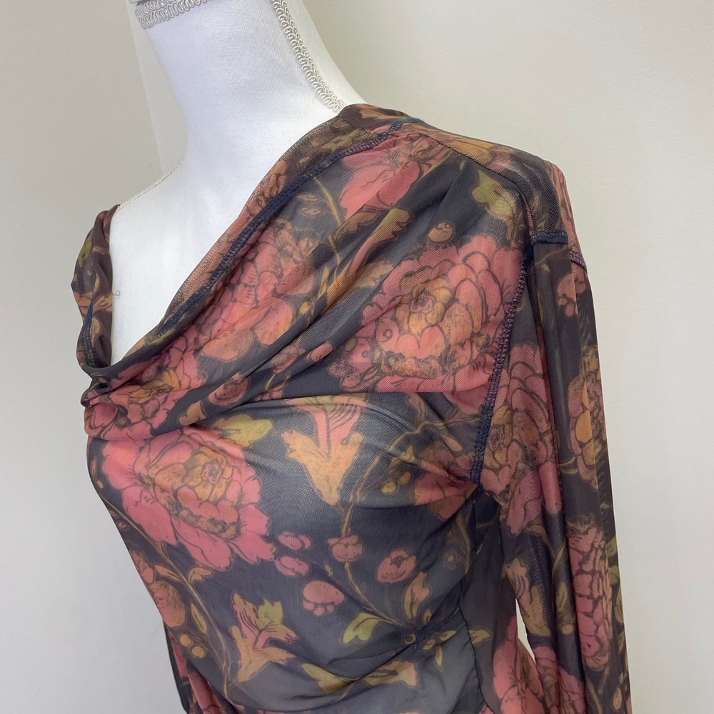 Free People Floral Mesh Ruched Off Shoulder Long Sleeve Tunic Top Medium - Picture 3 of 16